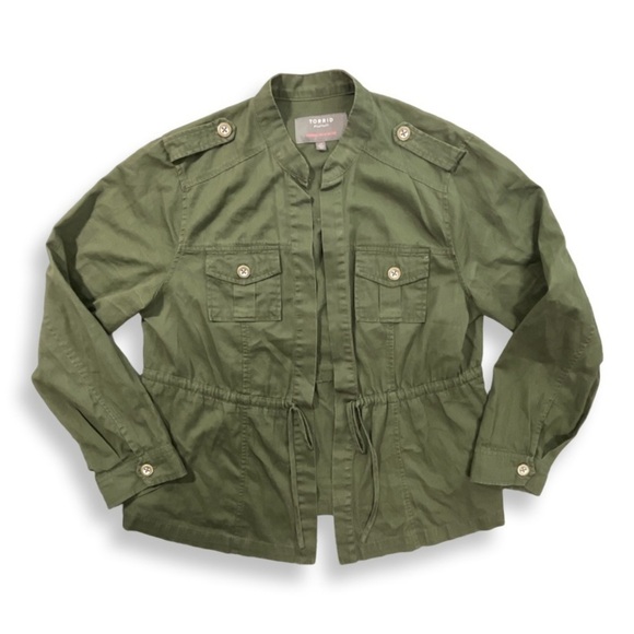 Torrid Jacket Women 00 (Med) Peplum Open Front Drawstring Retro Army Green Twill - Picture 3 of 13